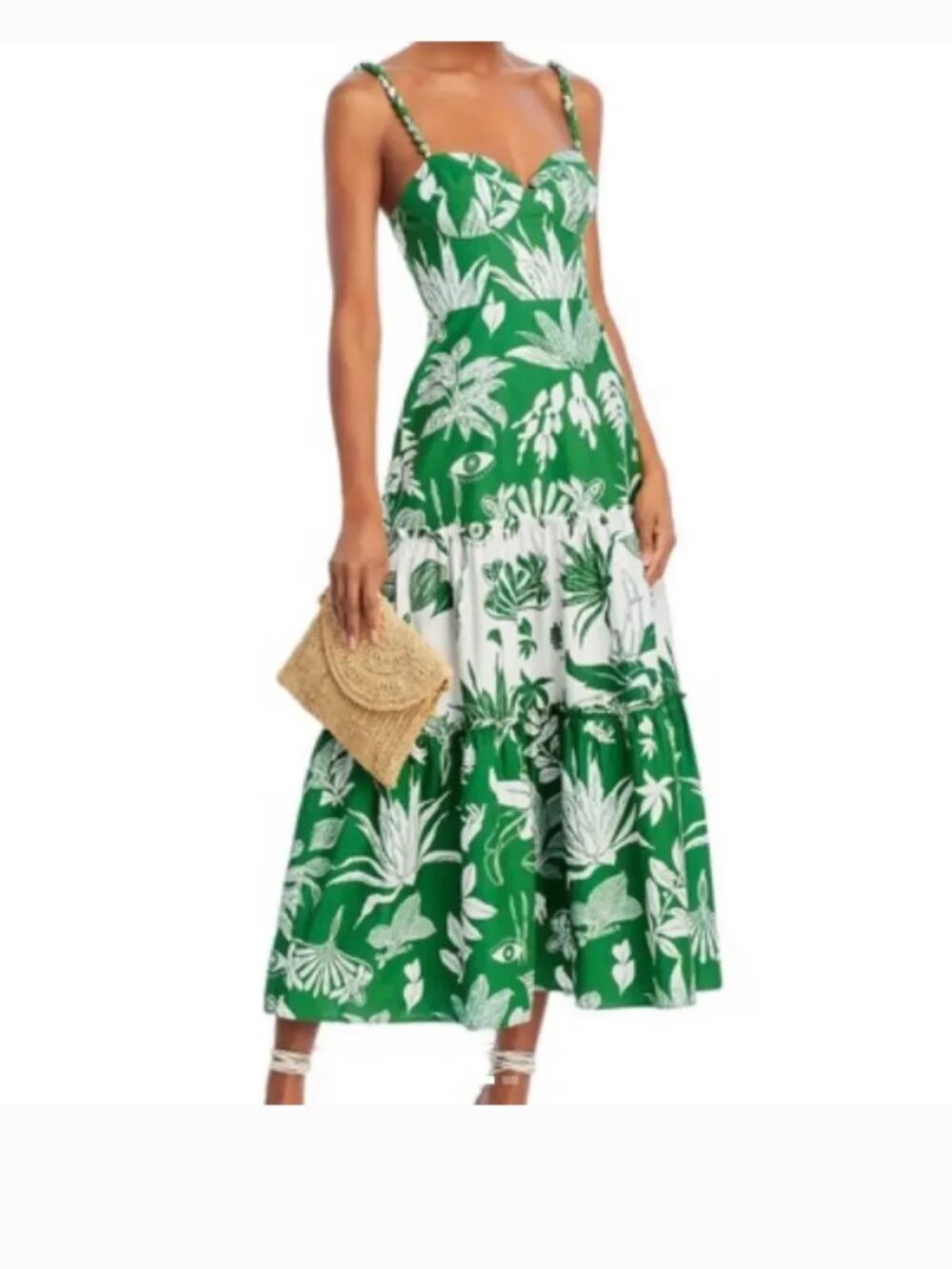 FARM Rio Forest Soul Mix Midi Dress Green White Tropical Bustier Tiered Size M
